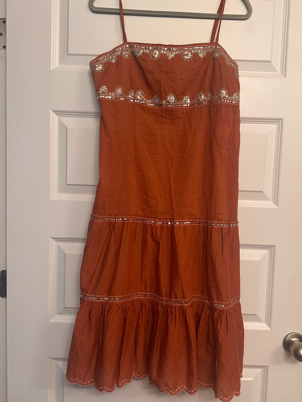 Embroidered Rust-Orange Spaghetti-Strap Midi Dress